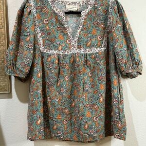 UNIVERSAL THREAD Green Floral Short Puffy 3/4 Sleeve V Neck Size XXL